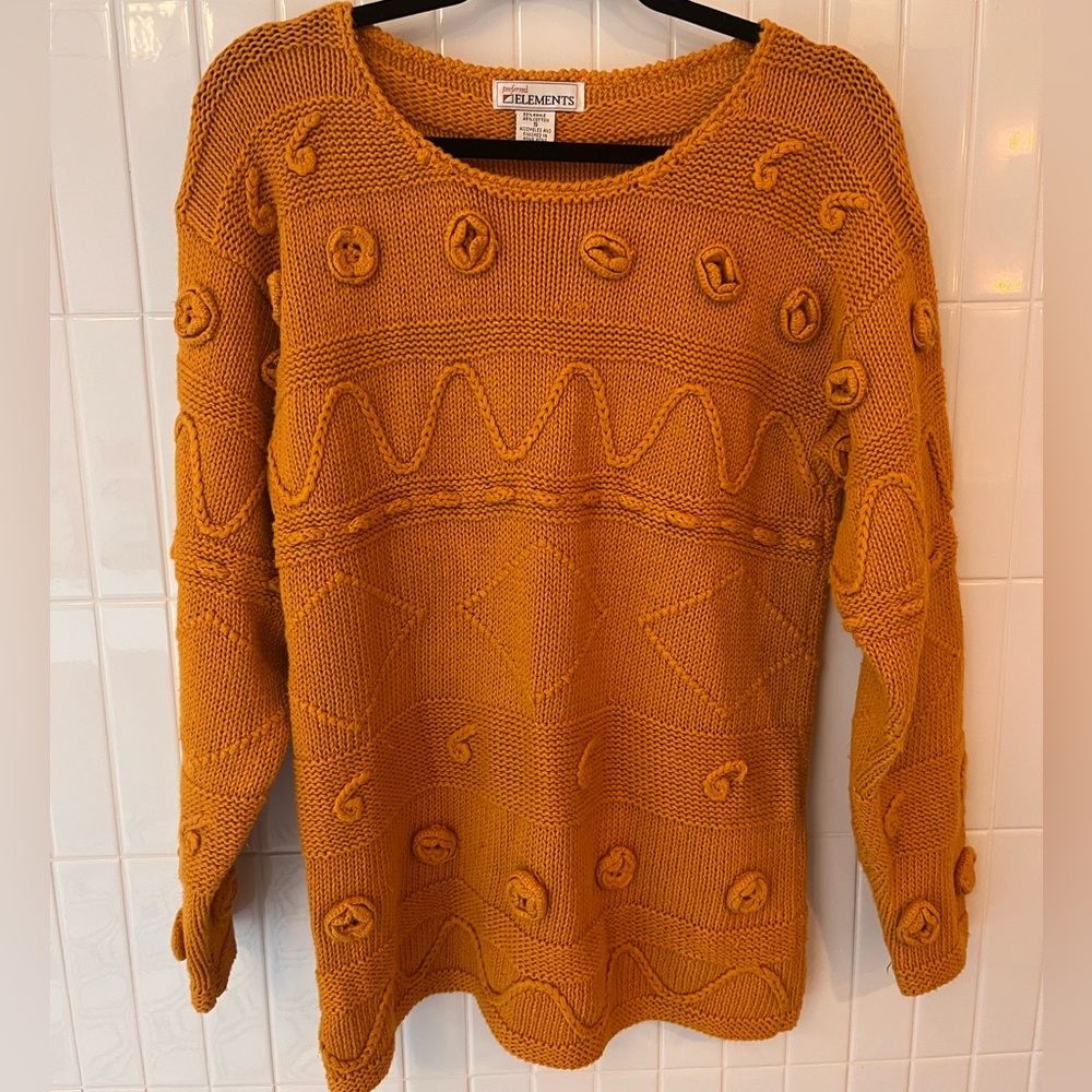 Vintage Mustard Yellow Textured Knit Sweater Ramie Cotton 90s Small